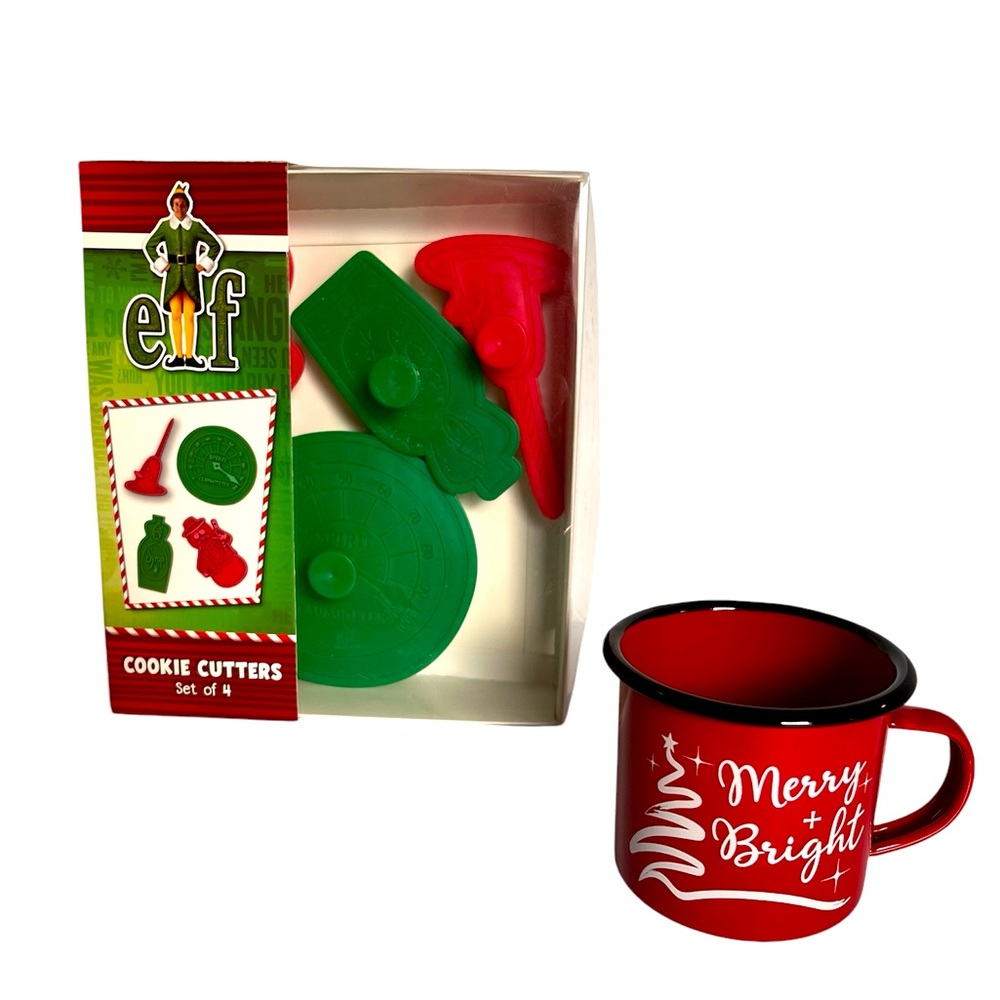 Xmas Red Metal Mug with Merry & Bright Slogan & Elf Cookie Cutters by Loot Crate